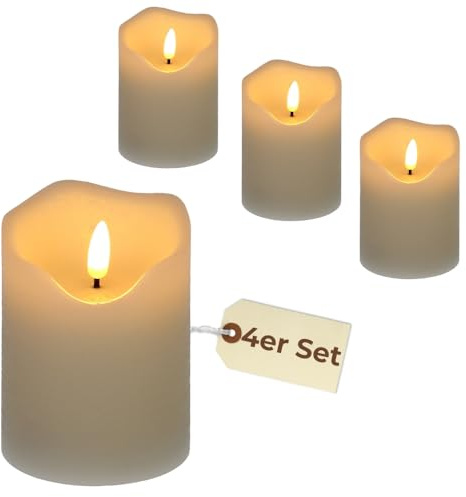4er Set LED Echtwachskerze mit Timer Led Kerzen flackernde Flamme Echtwachs Led Kerzen mit Timerfunktion Elektrische Kerzen 7,5 x 10 cm