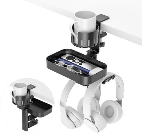 KDD Desk Cup Holder with 2 Headphone Hook - Rotating Pencil Holder and Detachable Drawer Tray - Under Desk Headphone Stand Holder Headset Hanger Hidden Storage for Office School Home Accessories