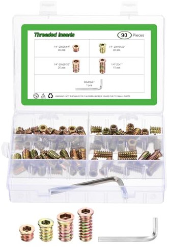 sourcing map 90Pcs 4 Sizes Threaded Inserts Nuts, Zinc Alloy Hex Socket Drive Screw-in Nut Threaded Inserts with 1Pcs Hex Wrench, Wood Inserts Bolt Assortment Kit for Wood Furniture