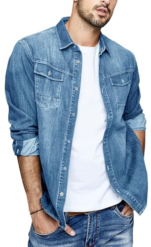 Runcati Herr jeansskjorta långärmad denimskjorta regular fit bomull västerländsk fritidsskjorta lätt övergångsjacka, Ljusblå, XL