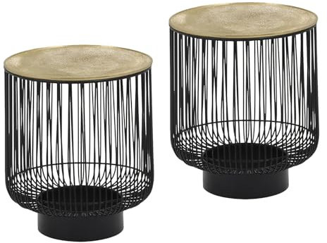meineWunschleuchte Couchtisch 2er Set Korbtische Metallgestell Schwarz Tischplatte Gold, Höhe 46cm