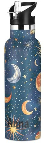 Botella de agua personalizada para niños con pajilla para la escuela, a prueba de fugas, botella de agua aislada de 20 onzas, sin BPA, estrellas coloridas, lunas, planetas, azul