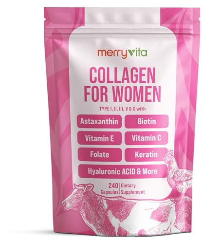 MERRY VITA Collagen for Women – Hydrolyzed Multi Collagen Peptides Types I, II, III, V & X – Collagen Supplement with Vitamin C, Biotin & Hyaluronic Acid – Grass Fed, Non-GMO, 240 Capsules