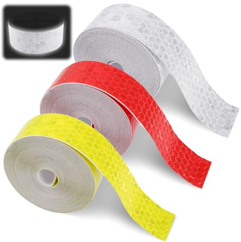 3 Rollen Selbstklebend Reflektor Klebeband, Reflective Tape Zuschneidbar | 2cm×5m, Rot Gelb Weiß,Hohe Intensität Reflektierendes Klebebands,Wasserdicht Reflektoren Klebeband für Fahrrad,Helme,Kleidung