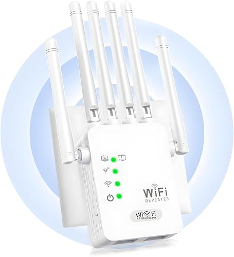 Potente Amplificador de Señal WiFi Interior/Exterior con 6 Antenas | Cobertura de 1000m² Cuadrados, Repetidor de Doble Modo/Ap, 2 Puertos LAN, Instalación Rápida en el Hogar y la Oficina