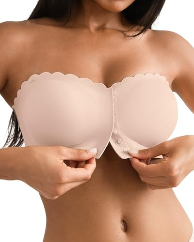 SHARICCA BH utan remmar dam – med stängning fram axelbandslös bh bekväm halkfri sömlös bandeau topp med transparenta remmar, Rosa-1p05, L