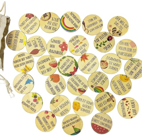 Pawsautomotively 30 Stück Glücksbringer aus Holz, mit Sprüche, Ø 4 cm, Verschiedene Muster, Tischdeko, Geschenke der Ermutigung, für Festliche Tage, Geburtstag, Hochzeit, Taufe