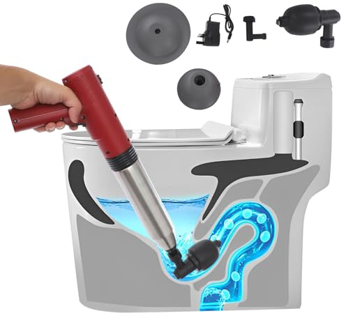 Toilet Unblocker Electric, Plunger Toilet Unblocker with 3 Replaceable Heads, Toilet Plungers & Holders for Unblocking, High Pressure Toilet Plunger for Bathroom Toilet Bathtubs Kitchen (Red)