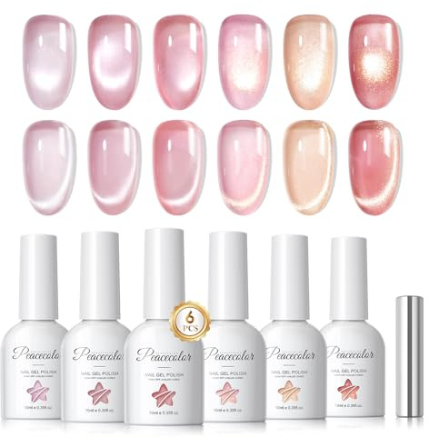PEACECOLOR UV-nagellack Cat Eye UV-gel 10 ml, 6 färger i rosé- och krämtoner Soak-Off gelnagellack Jelly Glas Kristall med magnet för nagelkonst Nail Art Salon