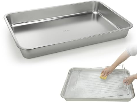 LANMU Stainless Steel Oven Rack Cleaning Tray, Large Capacity Soaking Tray for Grill Grates, Hab/Air Fryer Rack, Baking Pan, Reusable & Leak-proof Cleaning Tool for Effortless Scrubbing