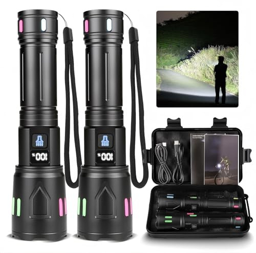 Torches LED Super Bright 10000 Lumens 2 Pack, Rechargeable High Power Torch, Powerful Flashlight with LCD Display, Long-Lasting Flash Light with 3 Modes, Waterproof Zoomable for Camping, Emergency