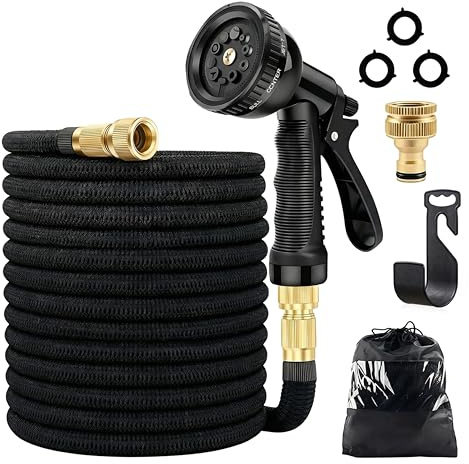 Tuyau Arrosage Extensible 30m/100ft, Tuyau D’arrosage avec 1/2 et 3/4 Adaptateurs, Tuyau Flexible Rétractable avec Pistolet Multi-fonctions, Raccords en Laiton, Crochet et sac de Rangement (Noir)