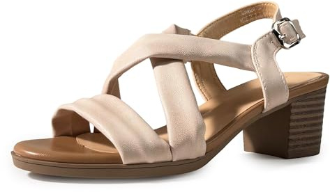 JOMIX Sandalias Mujer Elegantes y Cómodas Zapatos Abiertos de Tacón Ancho con Tiras Cruzadas y Tira Trasera Fáciles de Combinar para Verano Oficina y Boda Beige 41