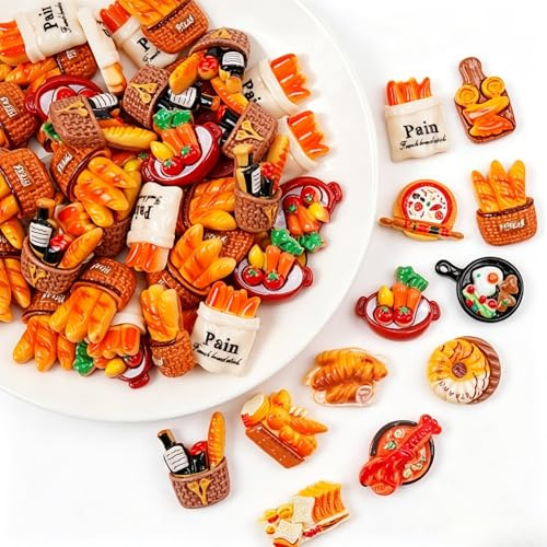 50 Stück Miniatur Brot Gebäck Set, Puppenhaus Zubehör Harz, Wichtel Zubehör Frühling, Miniatur Deko Lebensmittel, Croissant Pizza Brötchen Baguette, Dollhouse Snacks