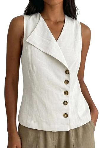Lino Top Mujer Sin Mangas De Botones Color Liso Cuello en V Moda Mujer Camiseta Transpirable Vintage Moda Blusas Glamour Único Tops Descanso Playa