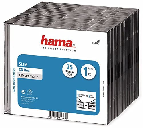 Hama Boîtier Slim (pour CD et disques Blu-ray, ultra mince, avec une feuille pour la couverture, lot de 25) Noir/Transparent