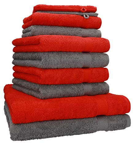 Betz Premium Frottier Handtuch-Set 10-teilig - 2X Duschtücher - 4X Handtücher - 2X Gästetücher - 2X Seiftücher - 2X Waschhandschuhe - Farbe Rot & Anthrazit