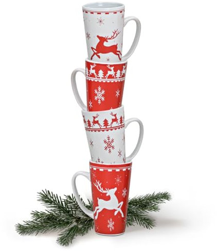 matches21 HOME & HOBBY Set di 4 tazze jumbo Xmas in rosso bianco – tazze da caffè americane in ceramica da 450 ml – grandi tazze da caffè per Natale lavabili in lavastoviglie e adatte al microonde