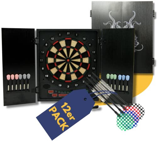 Best Sporting Dartscheibe elektronisch Glasgow I elektronische Dartscheibe mit LED-Anzeigen I E-Dartscheibe mit 12 Dartpfeilen & Ersatzspitzen I Dartboard Kabinett I Dart für 8 Spieler
