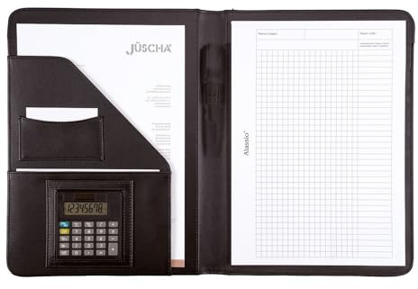 ALASSIO 96086-1 Schreibmappe A4 MARES aus FINEtouch Lederimitat, Dokumentenmappe schwarz, Konferenzmappe ca. 33 x 26 x 2,5 cm, Mappe für A4 Unterlagen, Aktenmappe mit Block A4 und Taschenrechner