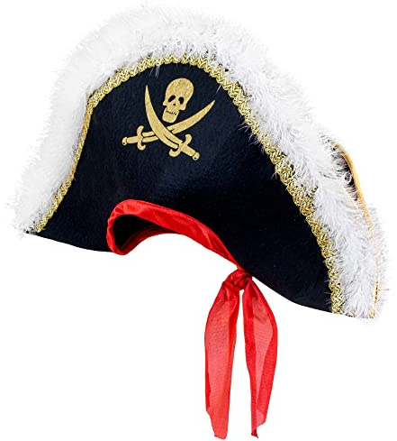 W WIDMANN MILANO Party Fashion - Piratenhut mit Totenkopf | Mit goldenem Totenkopf, Säbeln, weißen Federn und rotem Band, Kostümaccessoire für Piraten und Freibeuter