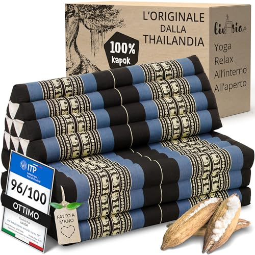 livasia Cuscino Thai a 3 segmenti per Due Persone XXL - 190x80x8cm - Cuscino Triangolare Materasso Pieghevole, kapok Largo, Cuscino per la Schiena Pieghevole, Cuscino da Meditazione (Blu/Elefanti)