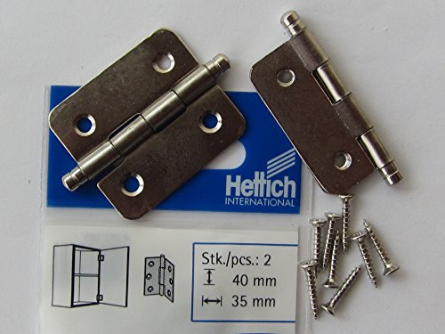 Hettich Möbelscharnier, schmales Scharnier mit Zierkopf, 40 x 35mm, Stahl verzinkt, 2 Stück mit Schrauben, Artikelnr. 62380