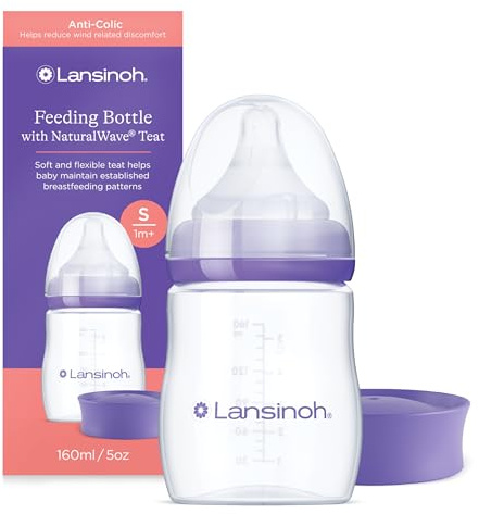 Lansinoh Baby Bottle with NaturalWave Teat (160 ml), Anti-colic, Plastic 100% BPA & BPS free, Slow Flow silicone teat which is soft and flexible, purple