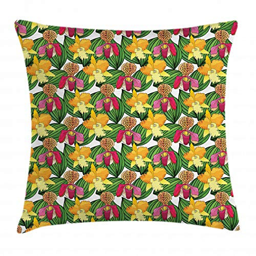 ABAKUHAUS Orchids Throw Pillow Cushion Cover, Tropic Foliage with Rubber Fig Tree Leaf Woody Plants Ornamental Fragrance Print, Decorative Square Accent Pillow Case, 20 X 20 Inches, Multicolor