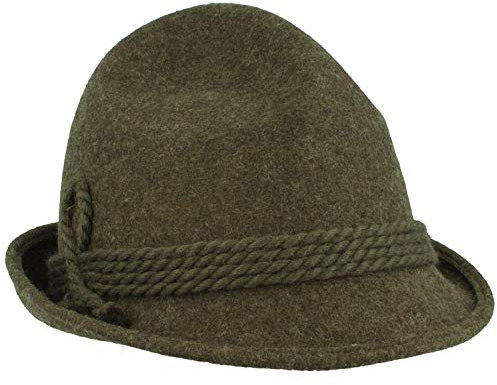 Breiter Original Herren Trachtenhut Filzhut Wanderhut Spitzkopf 100% Wolle, schmaler Krempe & Wollkordel Olive 59