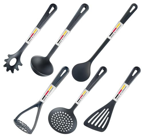 Westmark Küchenhelfer Set - 6-teilig - inkl. Pfannenwender, Kartoffelstampfer, Suppenkelle, Schaumlöffel, Spaghettilöffel, Rührlöffel - Made in Germany - praktische Küchenutensilien (schwarz)