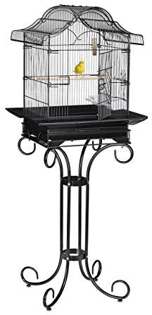 Relaxdays Vogelkäfig mit Ständer, Kanarien, Finken, Sitzstange, Futternapf, Exotenkäfig, HBT 146,5 x 55 x 50 cm, schwarz