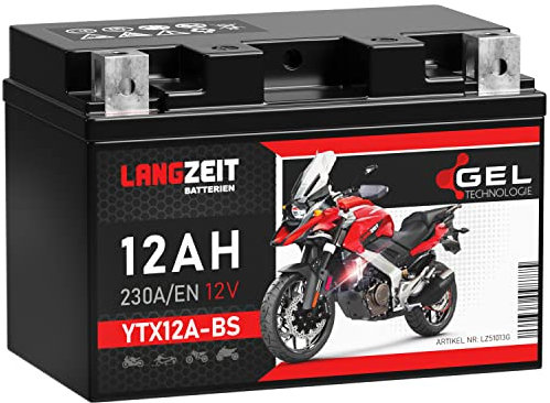 LANGZEIT YTX12A-BS GEL Motorradbatterie 12V 12Ah 230A/EN 51013 YT12A-BS YT12A-4 YTZ12S GT12A-BS CTX12A-BS Gel Batterie 12V doppelte Lebensdauer auslaufsicher wartungsfrei ersetzt 10Ah