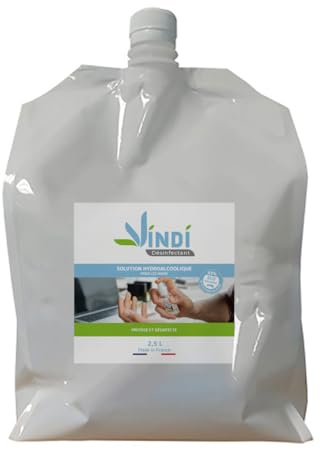 Vindi Désinfectant solution hydroalcoolique - Bidon-écorecharge de 2,5L - Fabrication Française - 76% d'alcool - Désinfection des mains et des surfaces - Virucide