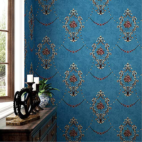 American Retro Non-woven Wallpaper 3D European Pastoral Damask Flower Bedroom Living Room TV Background Wall Restaurant Hotel Clothing Store Coffee Shop 1.73'W x 32.8'L Non-Pasted (Peacock blue)