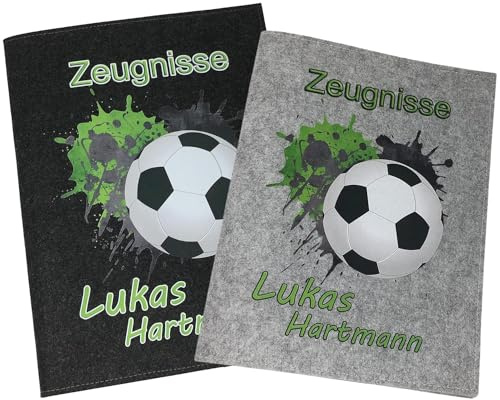 Fadensalat Zeugnismappe mit Namen - Mädchen und Jungen - Personalisiert Filz A4 Fussball Grün - Dokumenten Urkunden Mappe Kinder - Hefter Zeugnisse - Sichtbuch