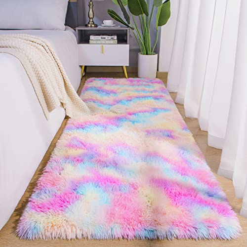 AROGAN Weicher Regenbogen-Teppich für Mädchenzimmer, 60 x 180 cm, flauschiger Mädchen-Schlafzimmer-Teppich, Prinzessinnen-Teppich, niedlicher bunter Teppich für Kinder, Teenager, Kinderzimmer