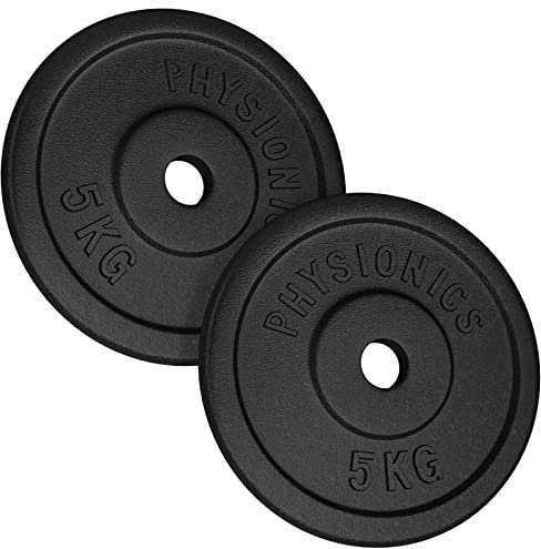 Physionics® Gusseisen Hantelscheiben Set - 2x5/4x5/6x5/2x10/4x10/6x10/2x15/4x15/6x15/2x20/4x20/6x20 kg, Ø30mm Bohrung, für Langhantel und Kurzhantel - Gewichtsscheiben, Gewichte Set (2 x 5kg (10kg))