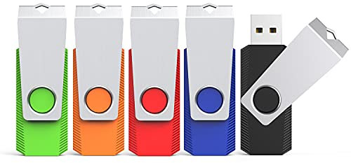 64GB USB Flash Drive 5 Pack USB Stick, KEXIN USB 2.0 Stick Swivel Memory Stick 64 GB USB Drive Metal Cap Pen Drive with LED Light Thumb Drive for Data Storage (Black, Green, Blue, Red, Orange)