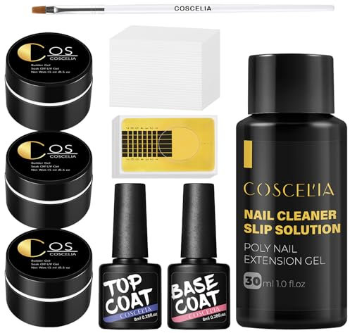 COSCELIA Kit 3pcs UV Nail Gel Constructions Ongle Rose Blanc Clear avec Base et Top Coat Vernis semi permanent,Extension Nail Renforcer Gel Kit UV Réparer Ongles Cassés