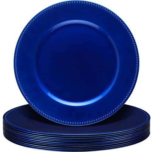 Gerrii 12 Pcs Metallic Bead Charger Plates 13 Inch Plastic Round Plates Bulk Wedding Beaded Chargers for Table Party Event Decoration(Ocean Blue,Beaded)