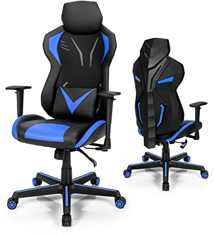 GYMAX Sedia da Gaming, Schienale Ergonomico con Poggiatesta e Cuscino Lombare, Altezza Regolabile, Superficie in Tessuto Morbida e Traspirante (blu)