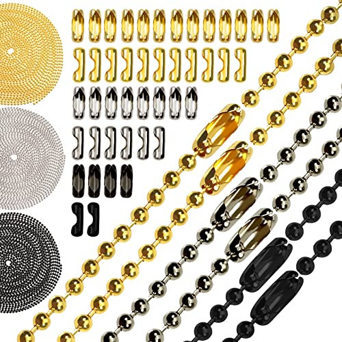 TOAOB 15M Chaîne à Billes en Acier Inoxydable Collier d'Extension Argenté Or Noir 2.4mm Diamètre Boule Perle Chaine avec 60pcs Connecteurs pour Scrapbooking Porte Clés DIY Fabrication de Bijoux