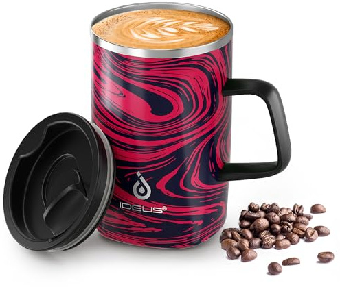 Ideus Vacuum Insulated Coffee Mug, 16oz Reusable Stainless Steel Thermal Double Walled Cup with Handle and Slider Lid for Hot & Cold Beverages, BPA Free (Red Zebra-Fuji SNOWGLOW)