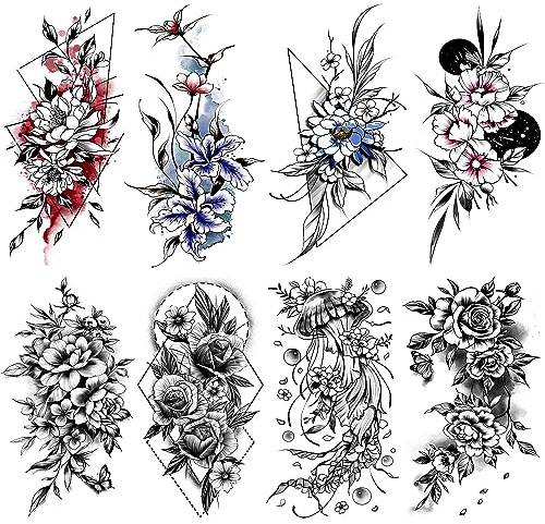 Temporäre Tattoos set, Schwarz Rose Blumen Fake Tattoos | zum Aufkleben für erwachsene Frauen Damen, Wasserfest, Realistische, Sexy 3D Temporary Tattoos auf dem Arm Beine Hals