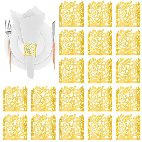 Lewtemi 150 Pcs Gold Paper Napkin Rings Disposable Rose Flower Paper Napkin Holder Laser Cut Hollow Napkin Bands Serviette Ring for Holiday Birthday Party Dining Table Decoration