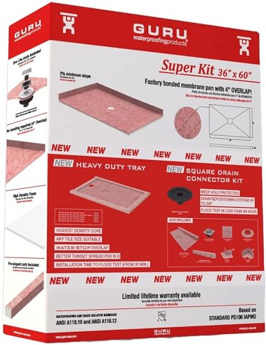 GURU USA SuperKit Square Shower Kit with Heavy Duty Tray, Water-Stop Membrane Roll, & Hair Strainer, Bathroom Accessories Set without Drain, 36 x 60, Center Drain, ABS Connector