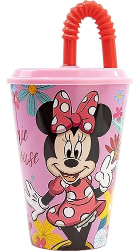 Bicchiere con Cannuccia Minnie Disney per Bambini, 430 ml | Plastica Riutilizzabile, Semirigida, BPA Free