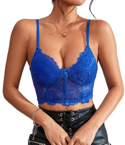 Rongseng crop toppar damer sexig spets magfri camilos topp spagettiremmar cropped topp V-ringad spetstopp bralettes undertoppar sommar cami linne topp, Mörkblå, L