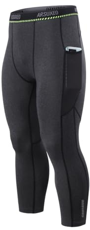 ARSUXEO 3/4 kompressionstights herr löpning leggings capribyxor sport gym K75, Mörkgrå med fickor, M